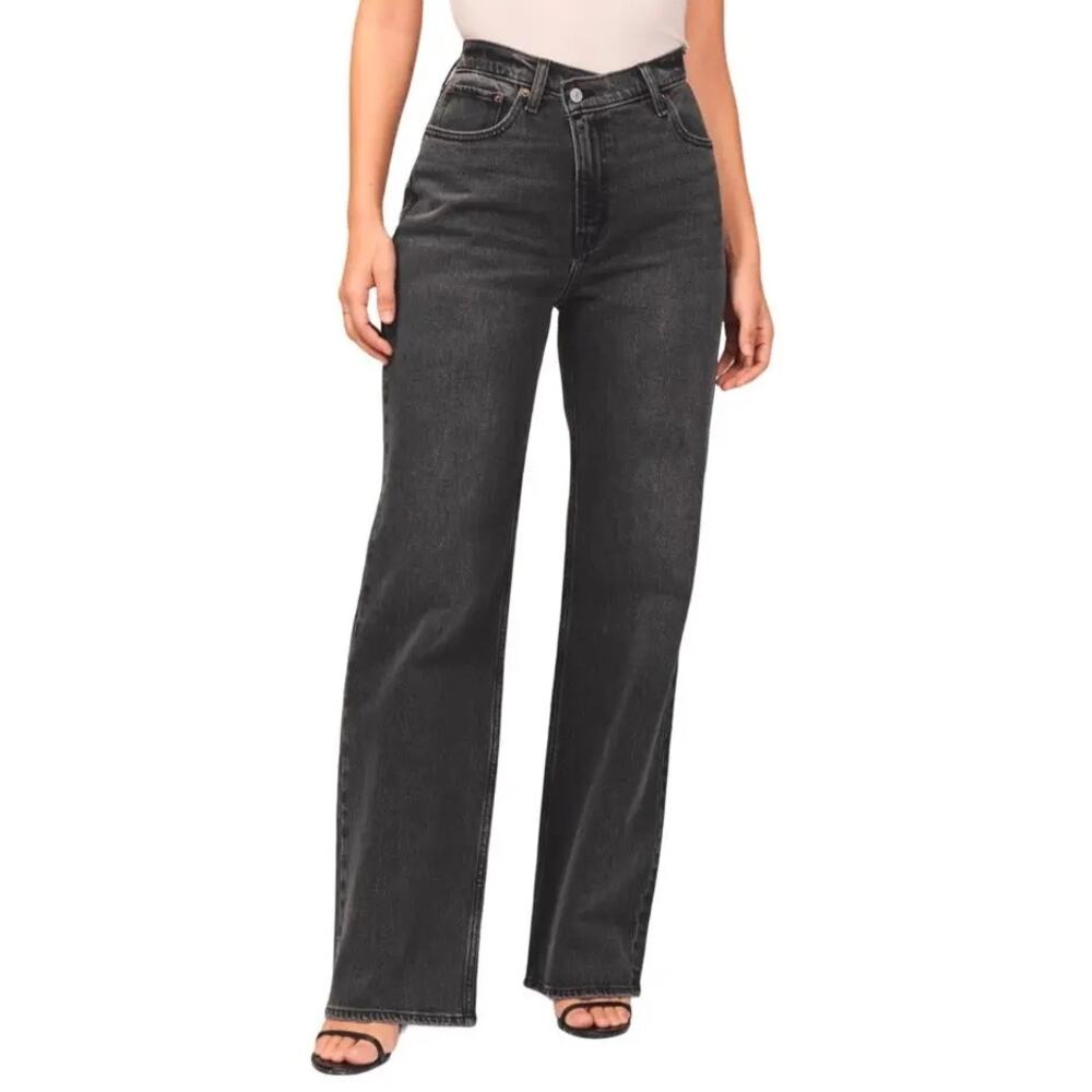 NWT Abercrombie & Fitch The ’90s Relaxed High Rise Jeans Black Criss-Cross 34/18